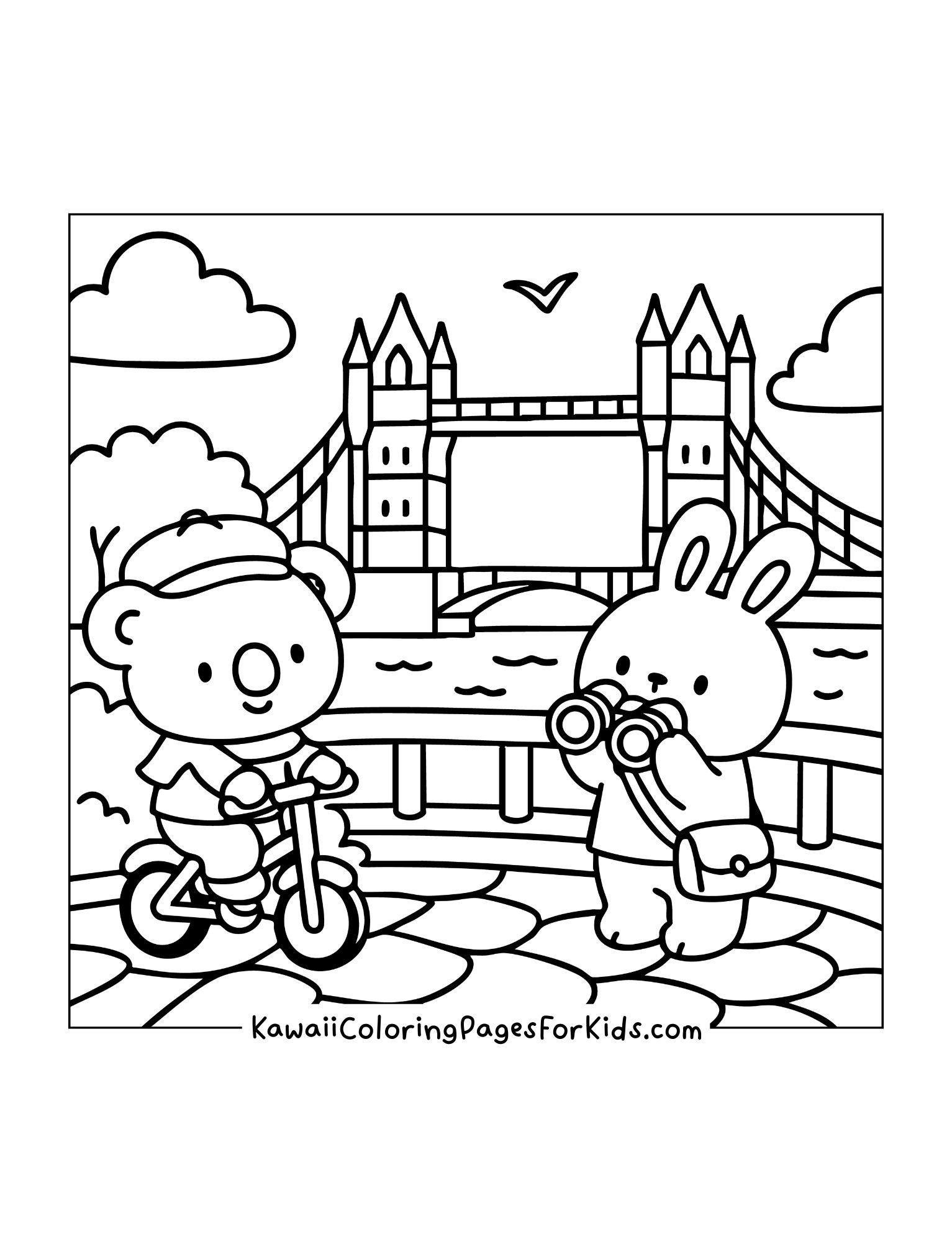 Bear riding bike while bunny looks through binoculars in front of Tower Bridge landmark in London.