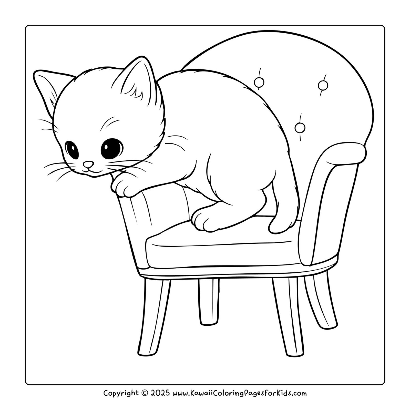 Curious kitten climbing onto a chair cushion, free cat coloring page to download.
