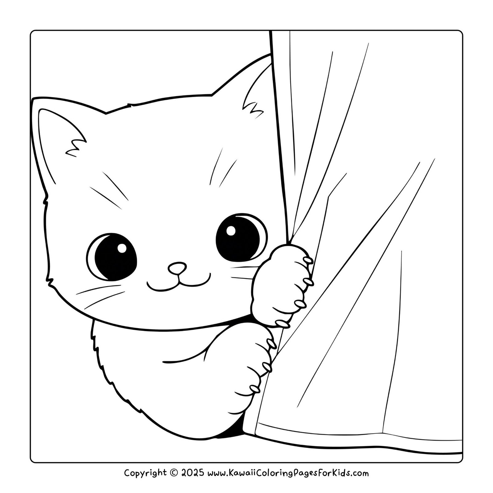 Free cat coloring page – adorable kitten peeking playfully from behind a curtain, printable kawaii coloring sheet for kids.