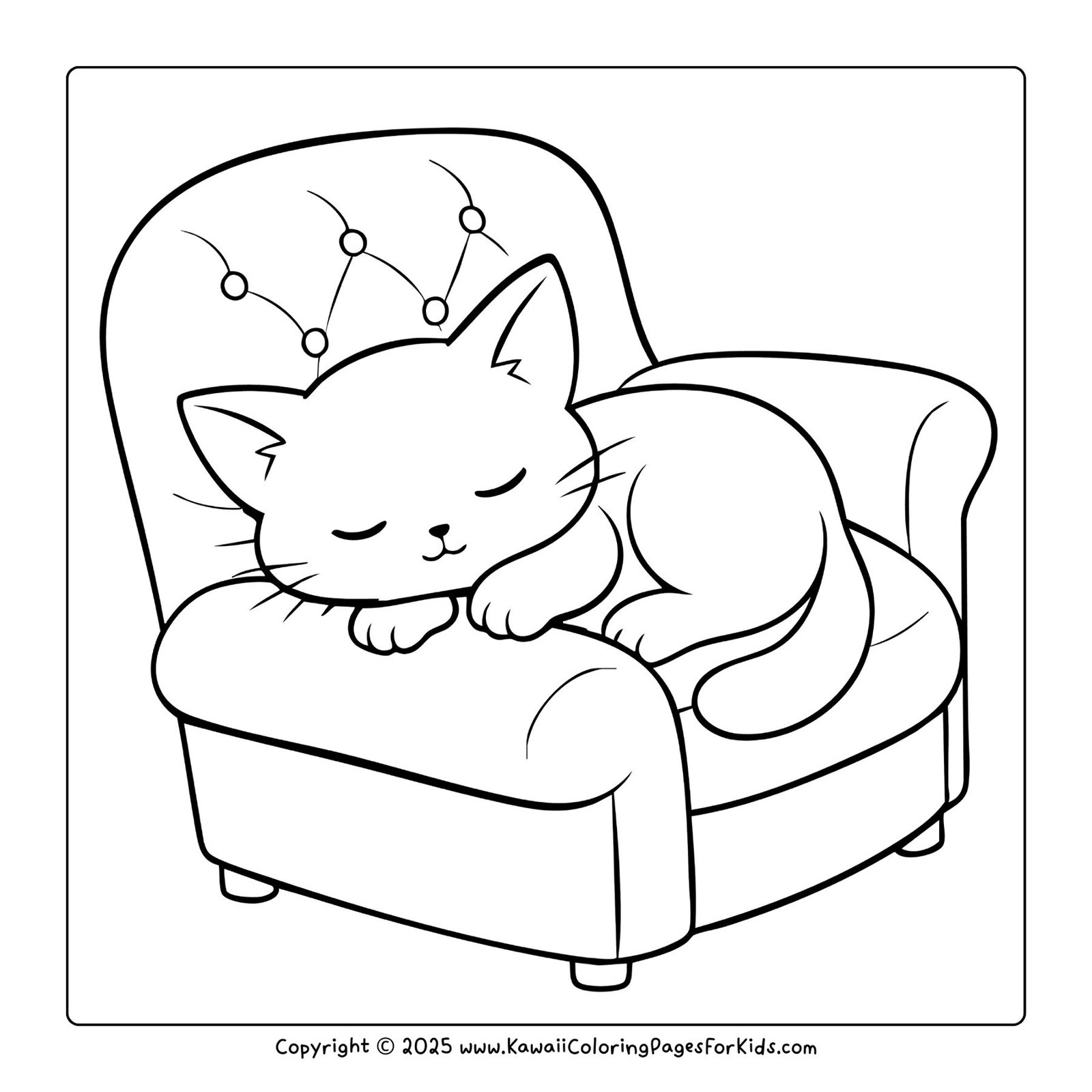 Printable PDF coloring page — cute kawaii cat peacefully sleeping on a chair, free download for children.