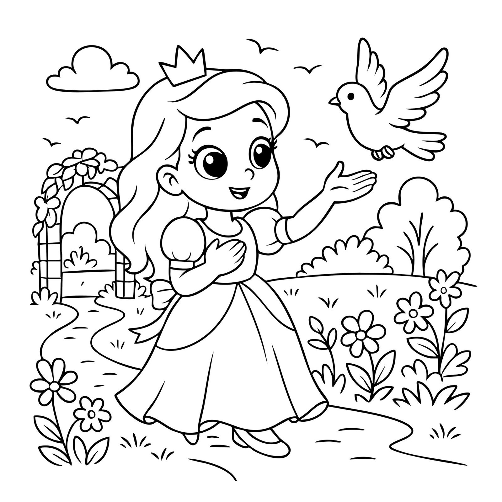 Sweet princess coloring page of a girl in gown and crown holding her hand out to a bird in the garden.