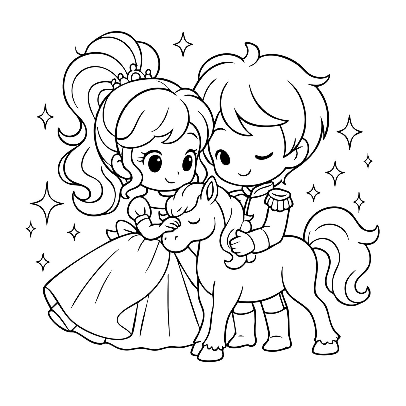 Printable princess coloring sheet of a kawaii princess and prince standing with a unicorn.