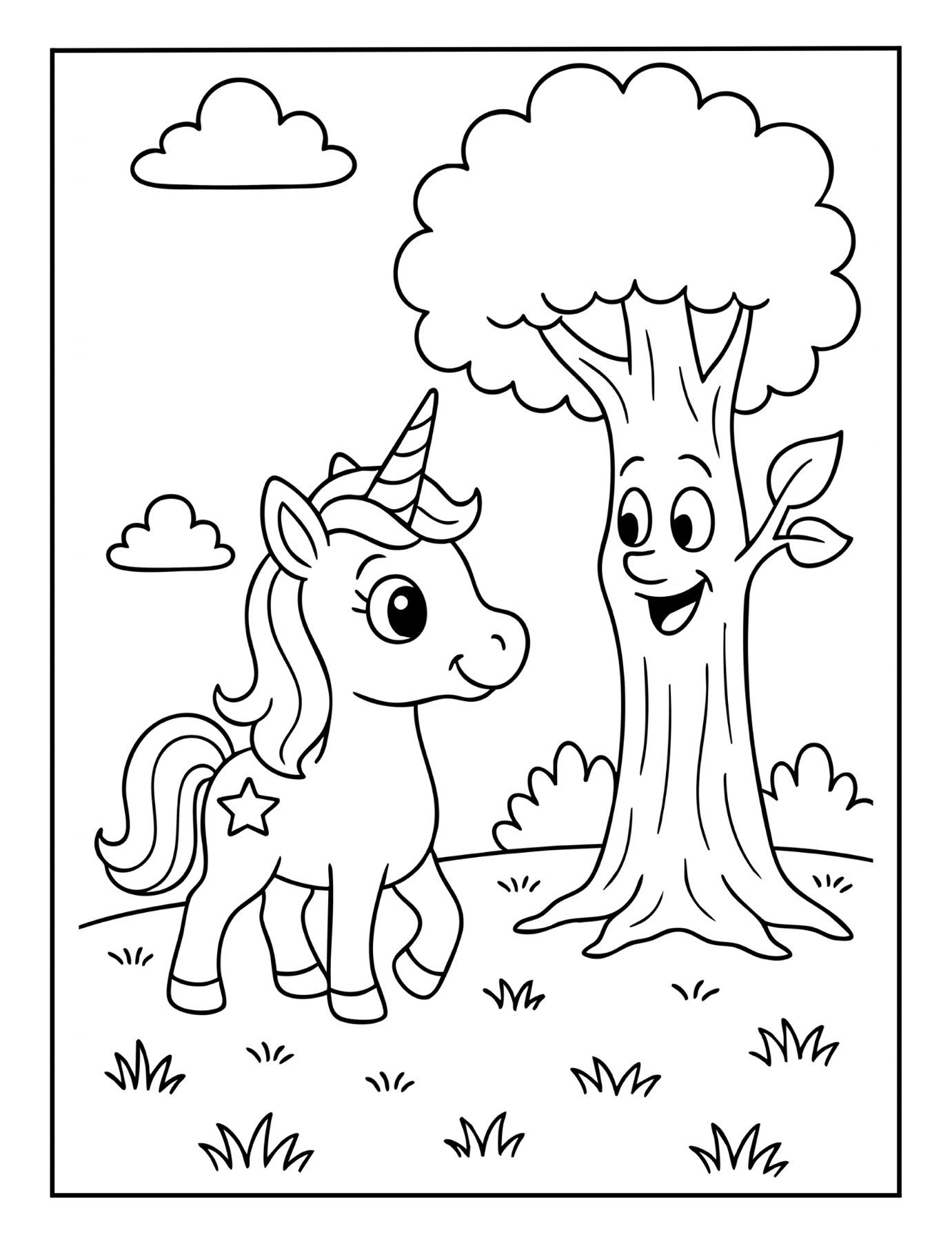 Fun unicorn coloring page of a unicorn meeting a smiling tree in a grassy meadow.