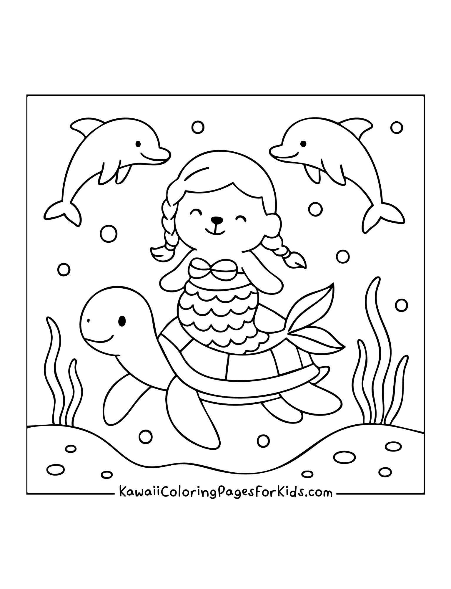 Mermaid bear riding on turtle’s back while two dolphins swim beside, with seaweed and bubbles in background.