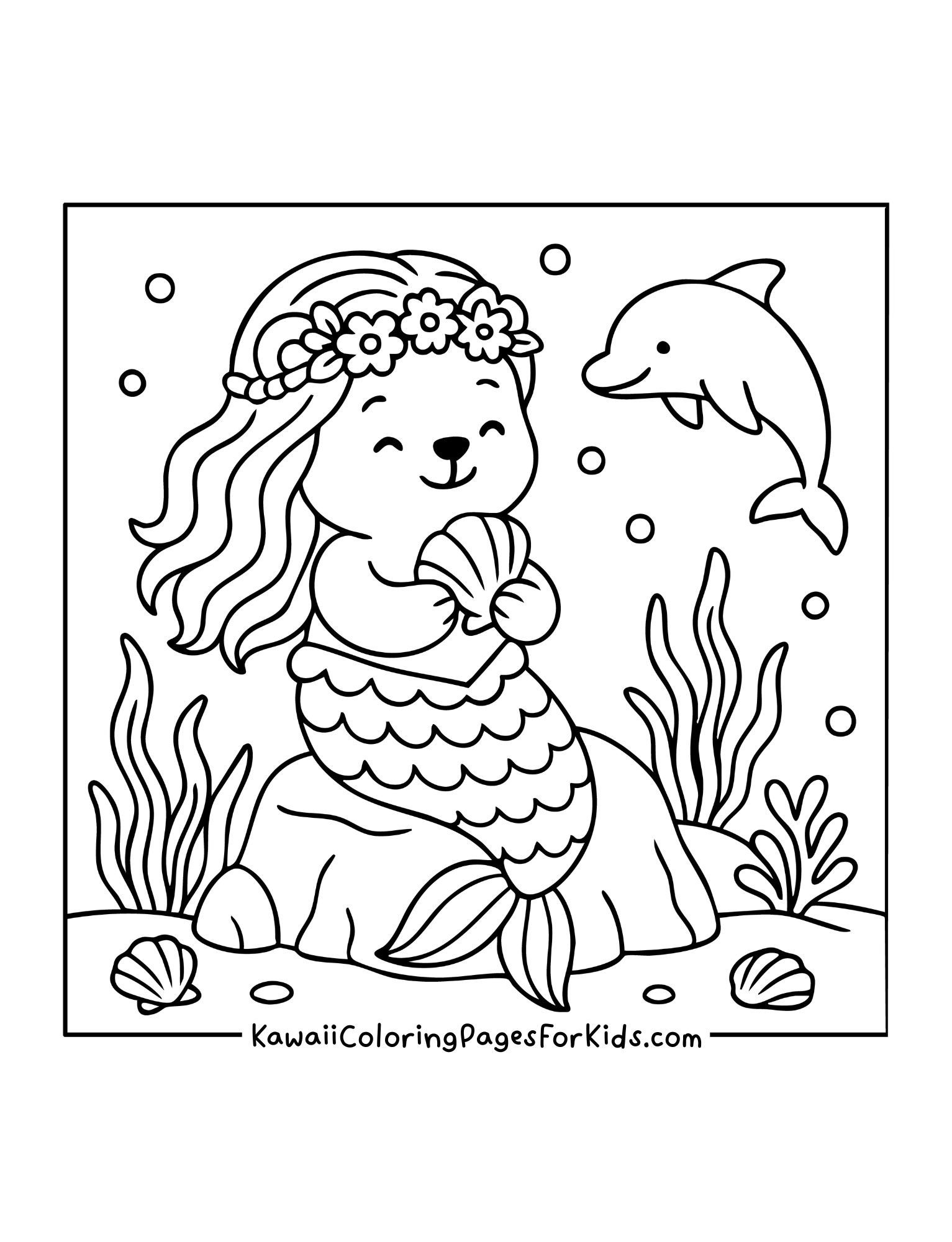 Mermaid bear with flower crown holding shells underwater with dolphin swimming nearby.