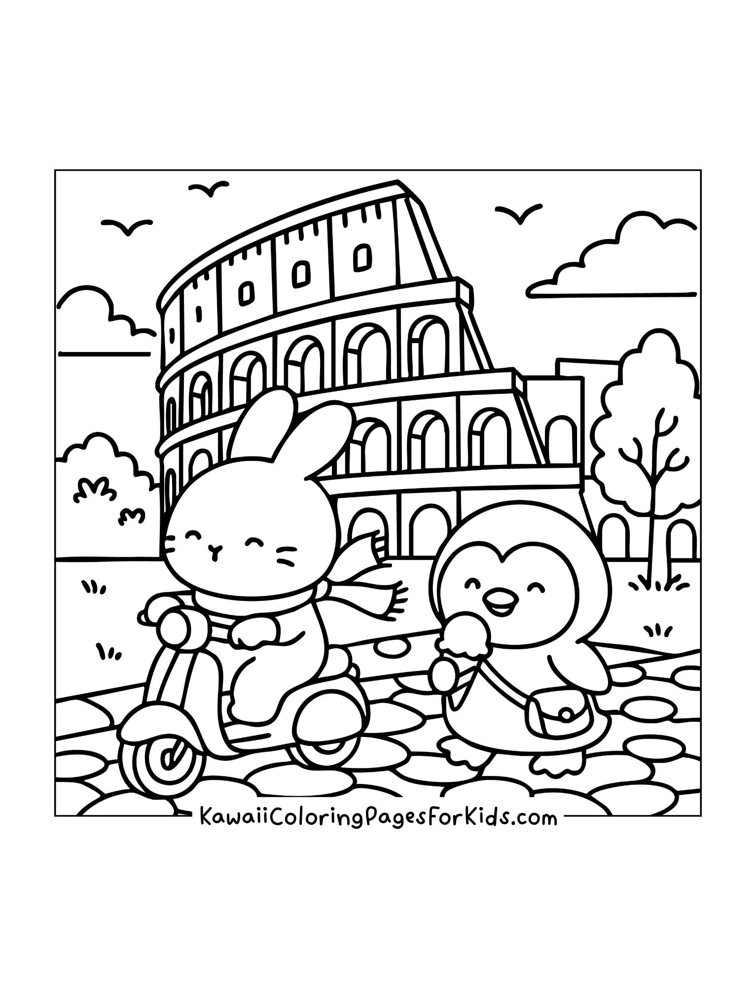 Bunny riding scooter with scarf while penguin eats ice cream in front of the Colosseum in Italy.
