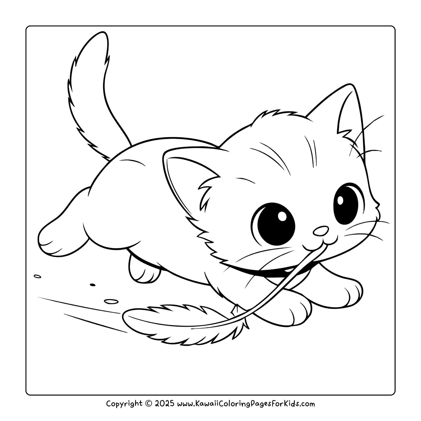Energetic kitten running with a feather toy, printable kitten coloring page.