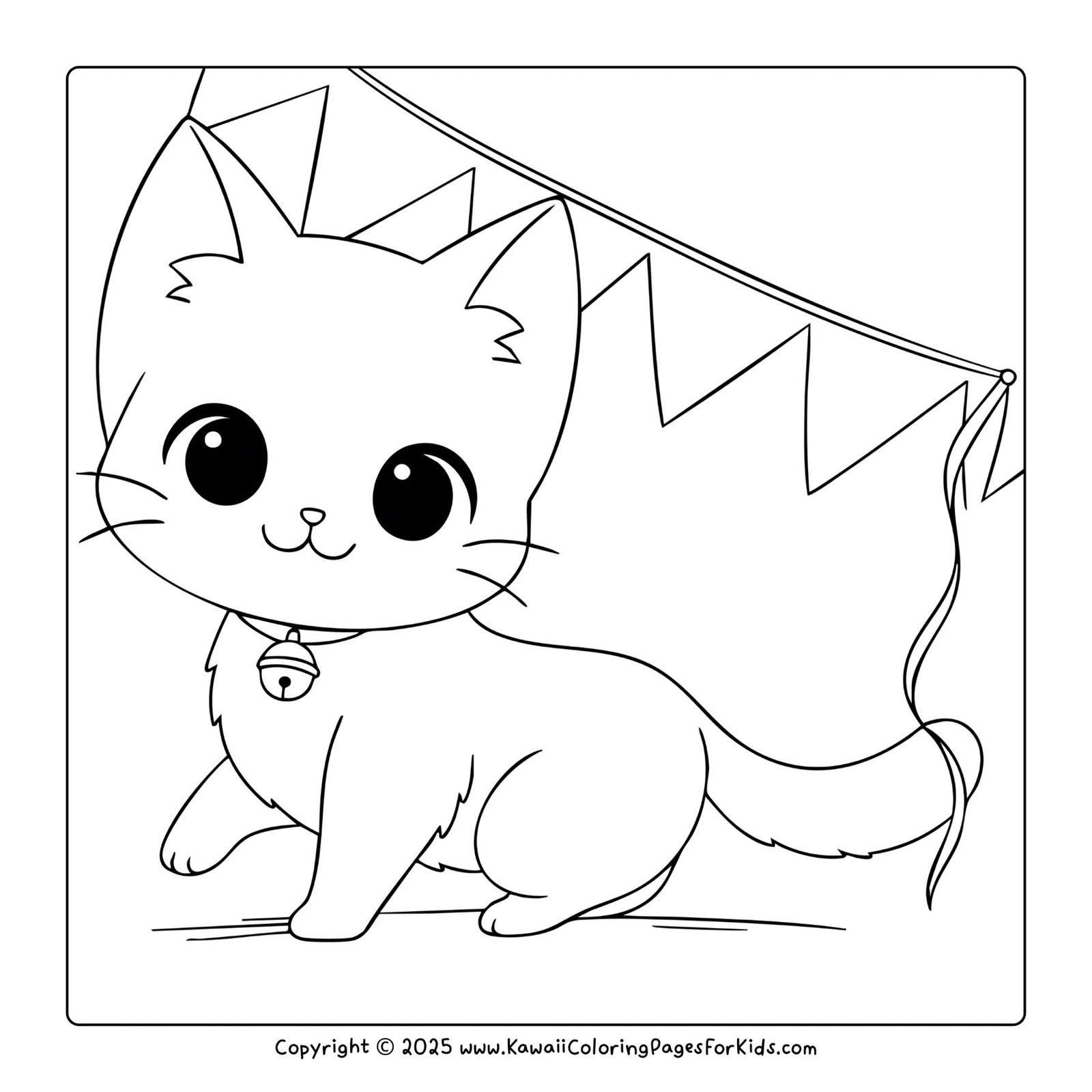 Printable cat coloring page – kawaii kitten with a bell collar standing proudly, free download PDF coloring sheet for children.