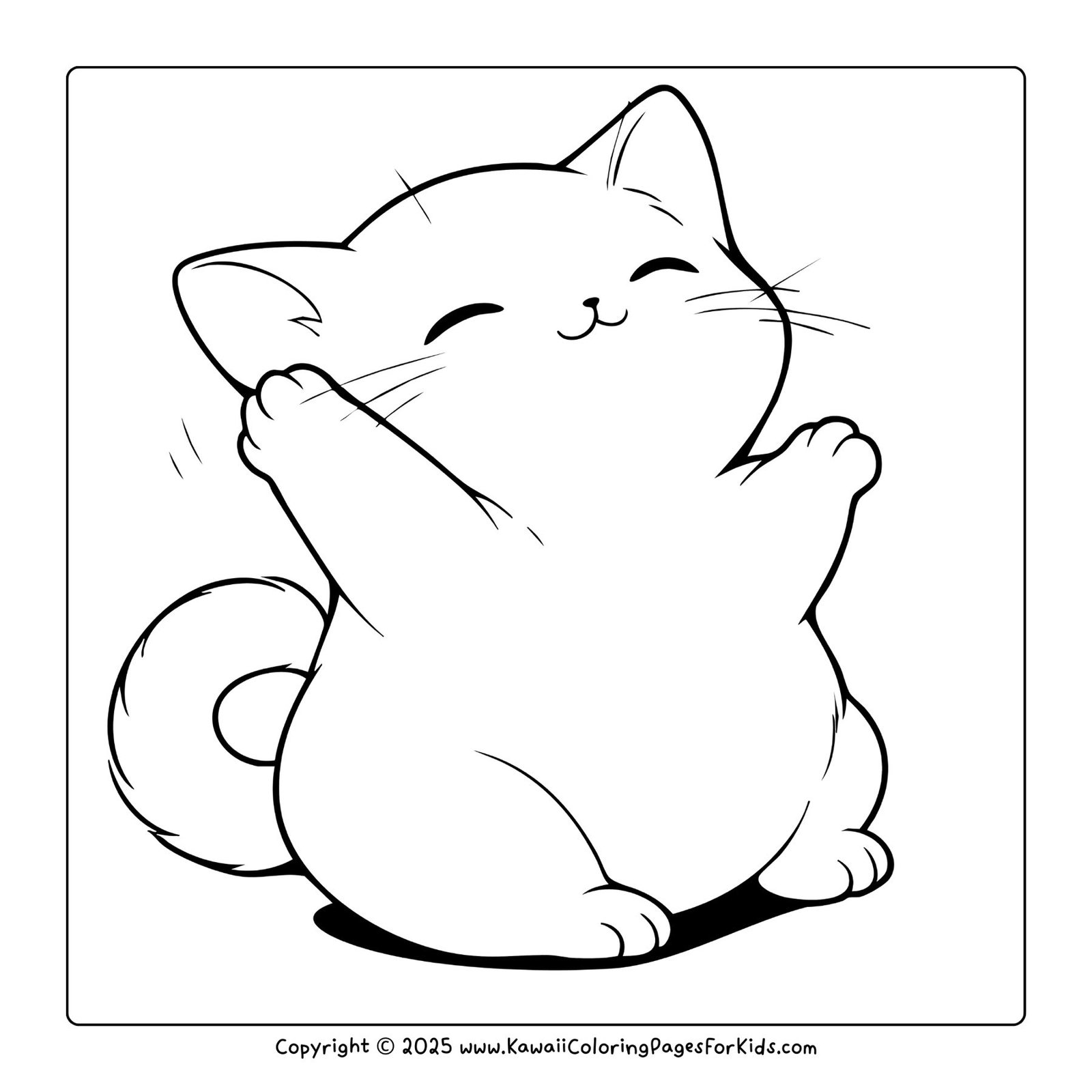 Free printable coloring page of a kawaii kitten stretching with a happy face — download PDF for kids.
