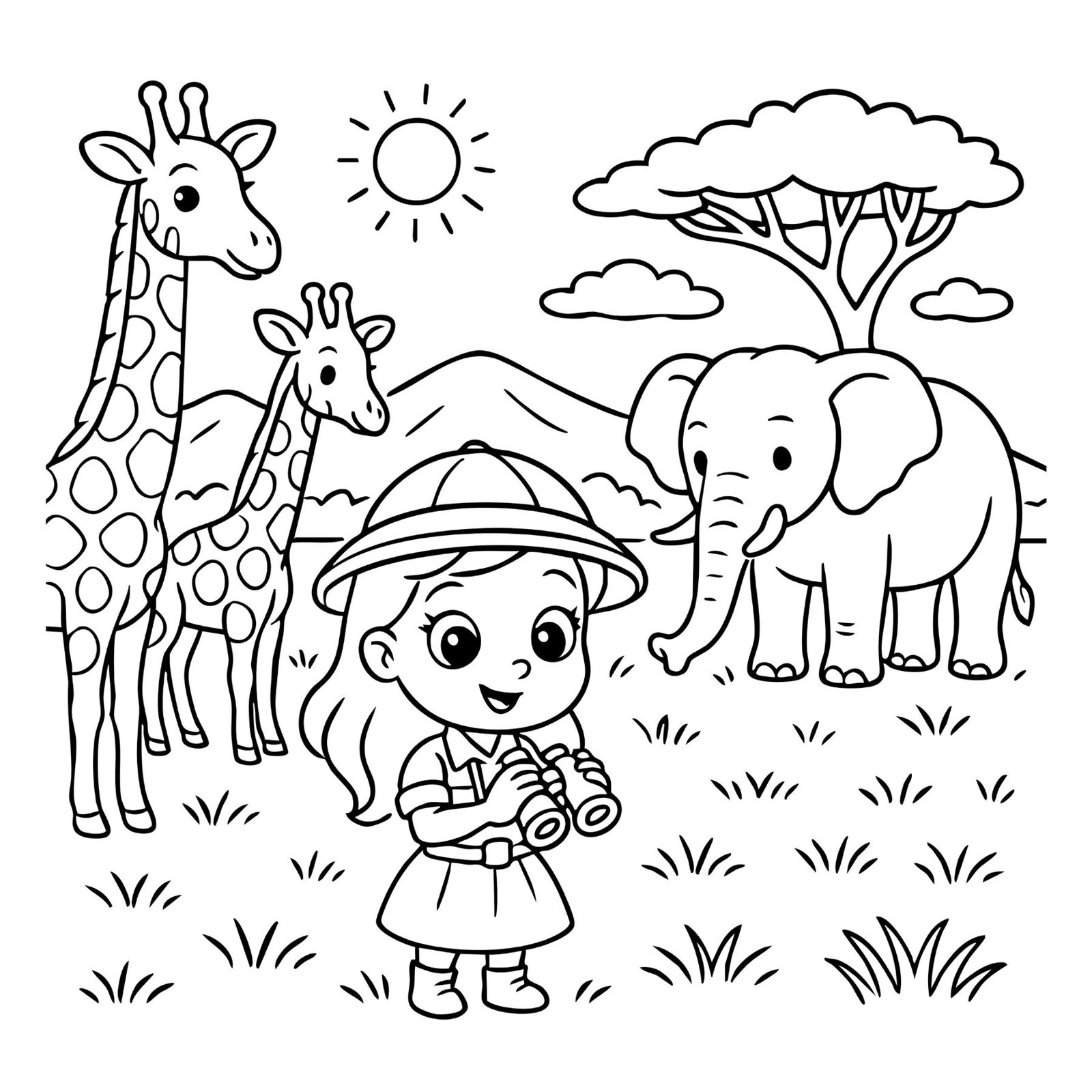 Cute coloring page of a princess with binoculars on safari, standing near giraffes and an elephant.
