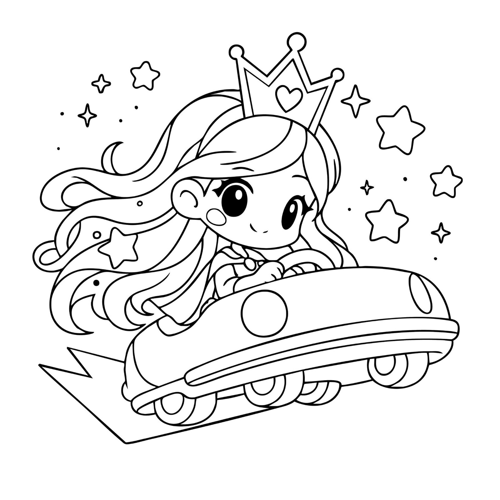 Cute princess coloring sheet of a cartoon princess wearing a crown in a rocket car with stars around her.