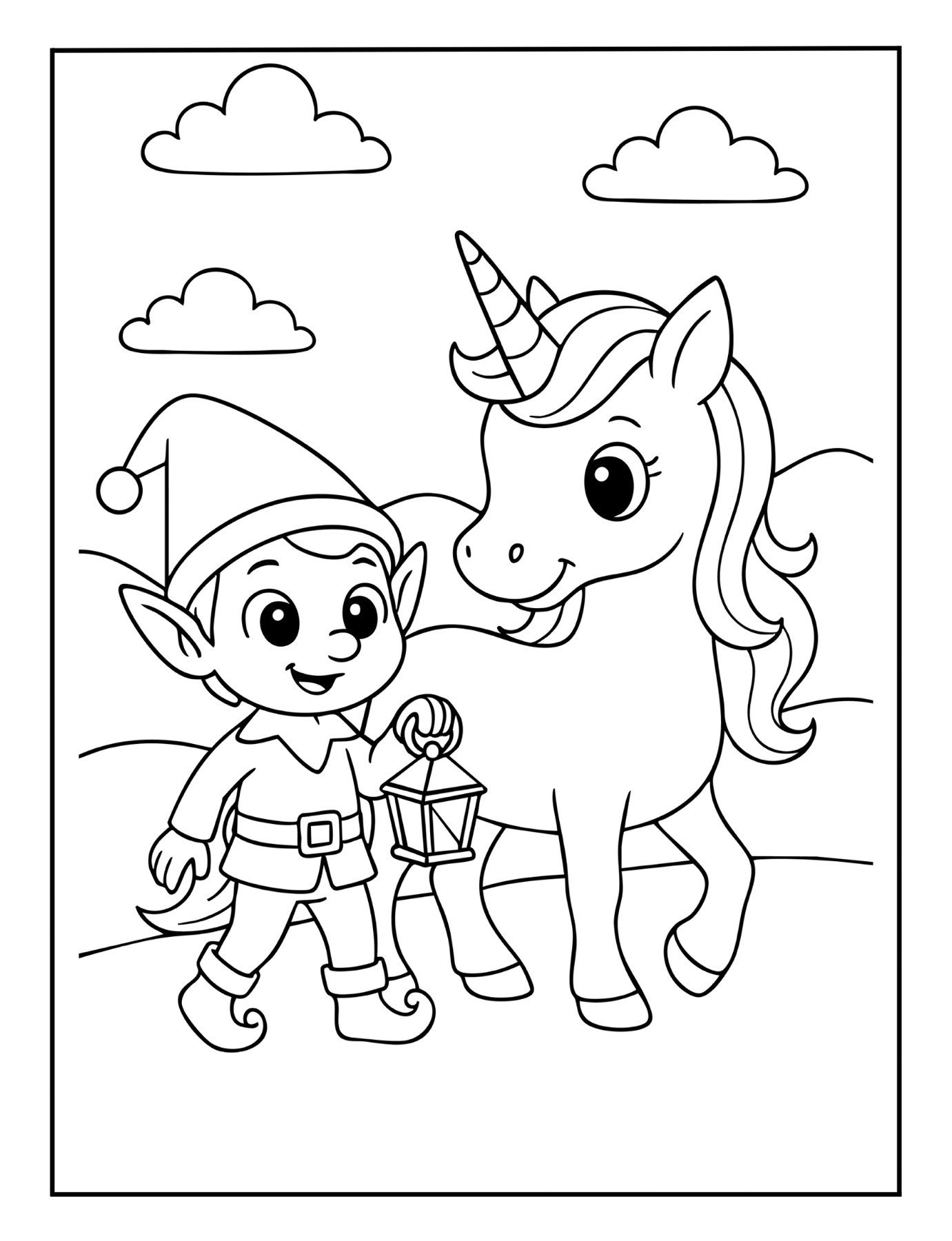 Adorable unicorn coloring page of a unicorn walking beside a cheerful elf holding a lantern.