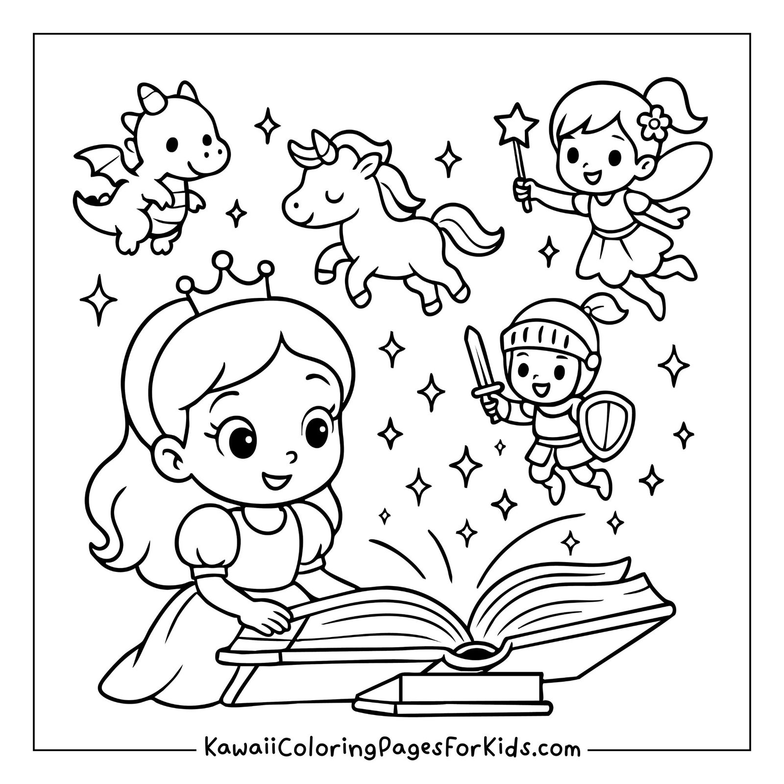 Princess reading open book as fairies, unicorn, and knight appear, fantasy coloring page for kids.