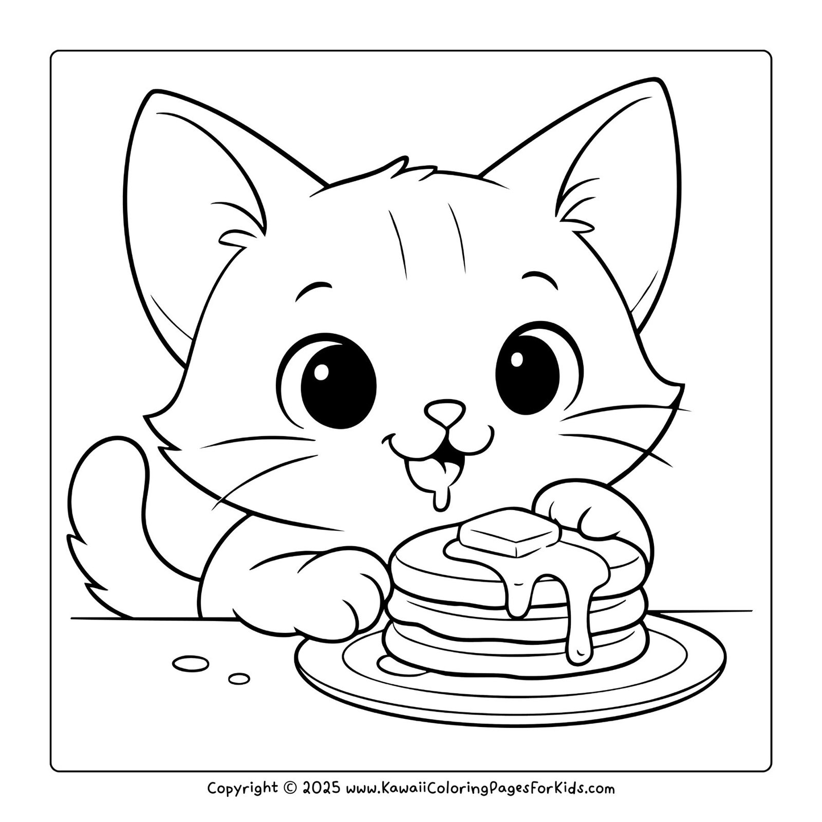 Happy kitten licking lips at a table with pancakes, cat coloring page PDF download.