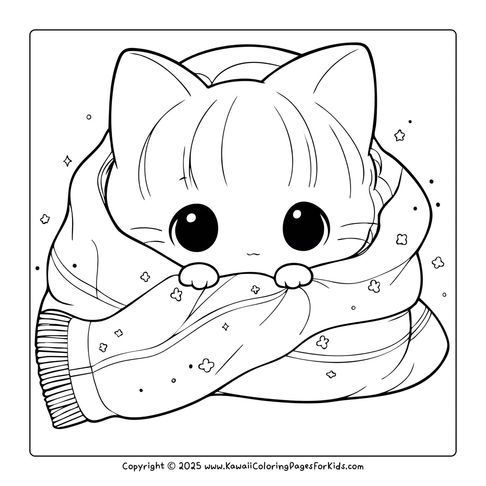 Free kawaii cat coloring page – cute kitten wrapped in a cozy blanket, relaxing printable PDF coloring sheet for kids.