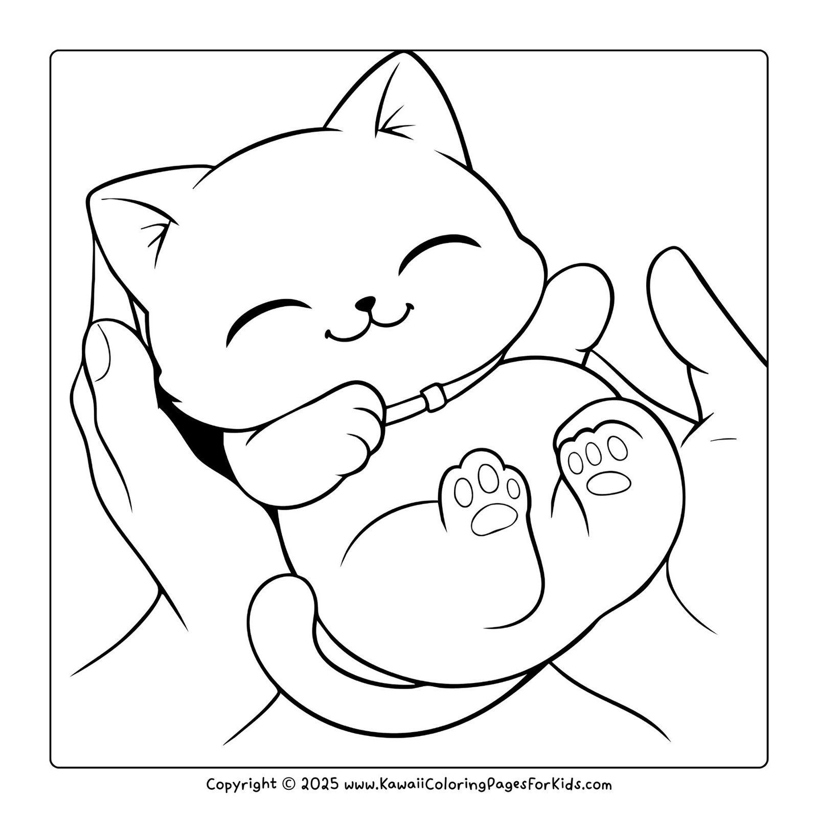 Cute free kitten coloring page — small baby cat cradled gently in hands, printable PDF coloring sheet for kids.