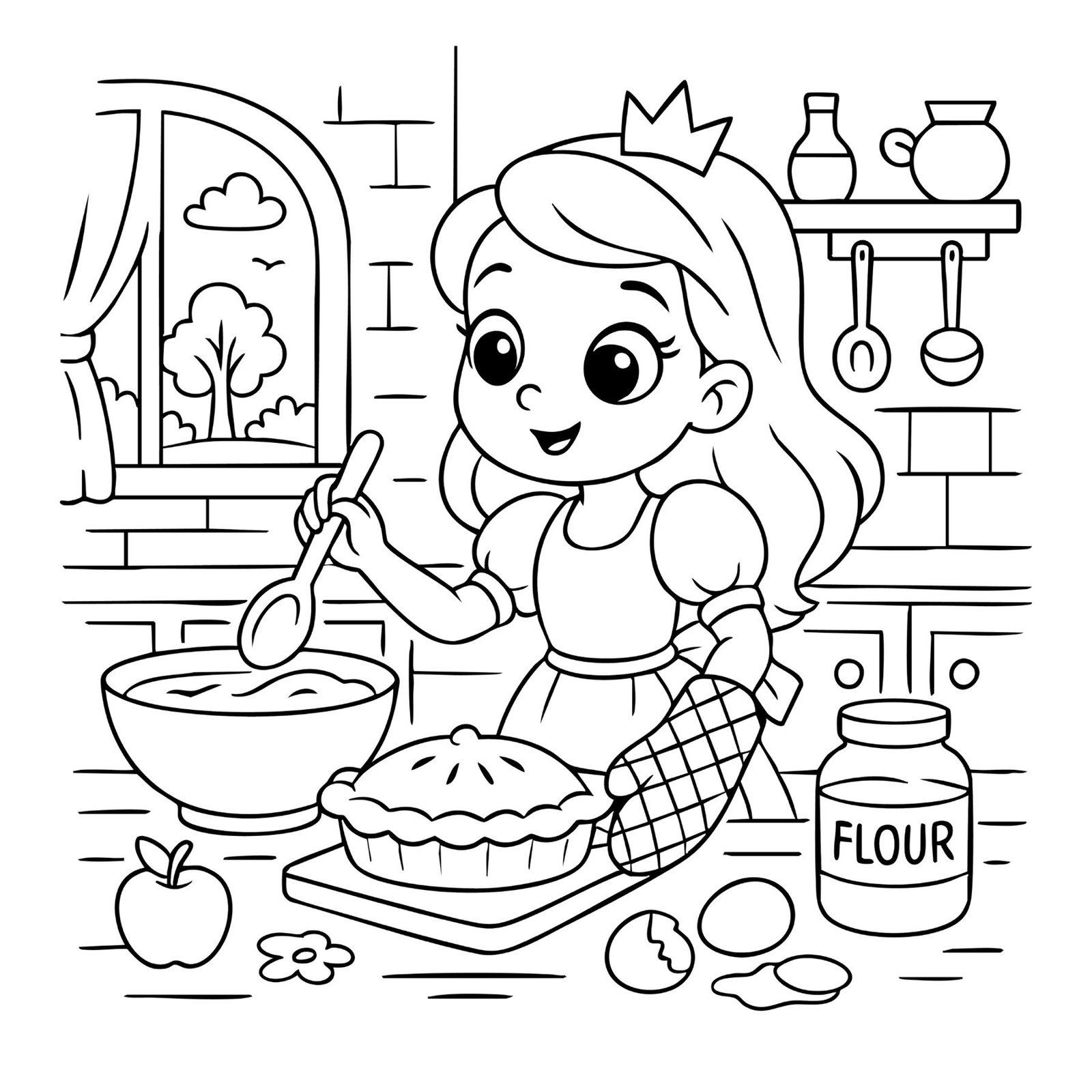 Adorable coloring sheet of a princess in apron baking a pie with flour and apples.
