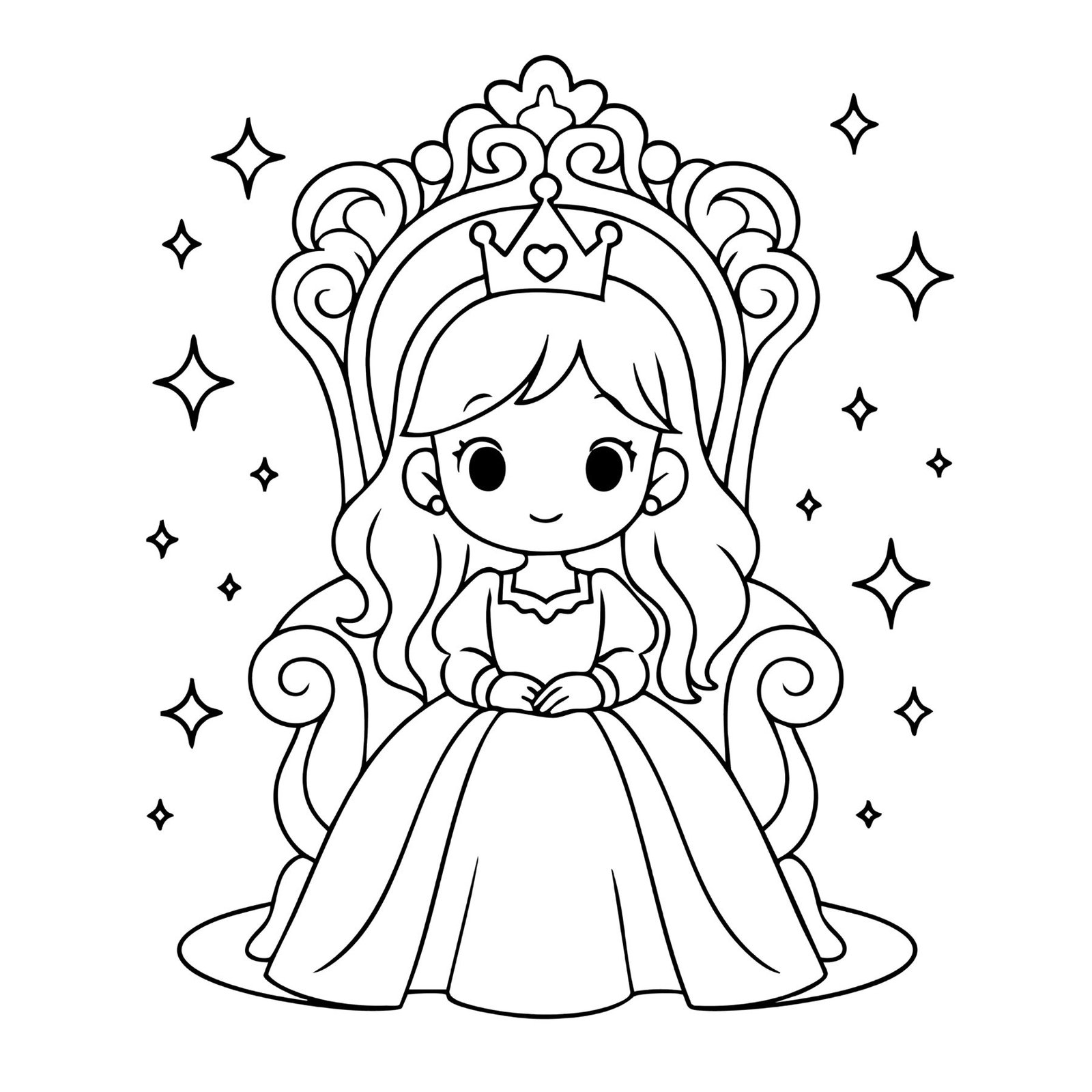 Adorable princess coloring sheet with a little girl in a gown and tiara sitting on a throne.