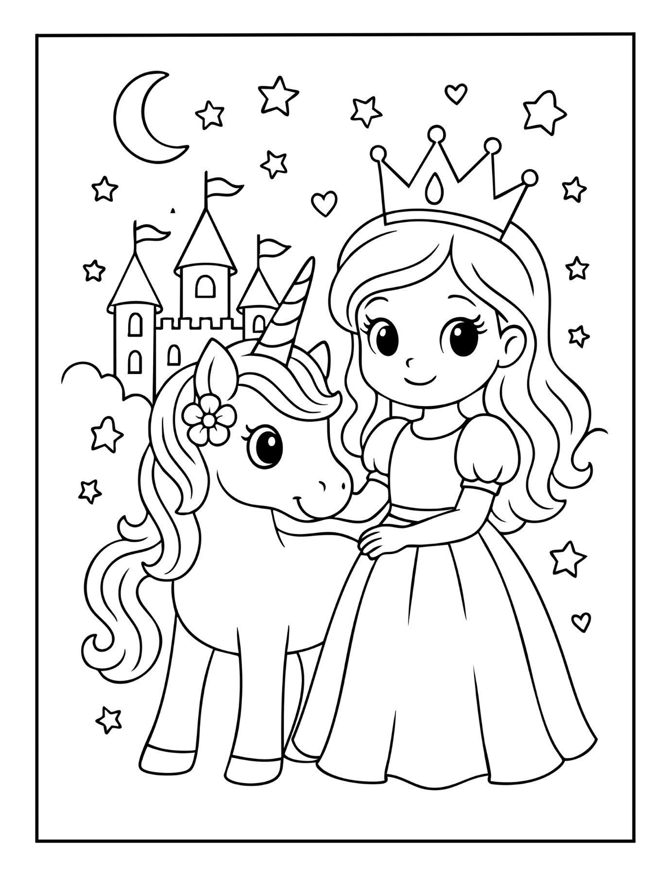 Cute unicorn coloring page of a unicorn with a princess wearing a crown, standing by a castle under the moon and stars.