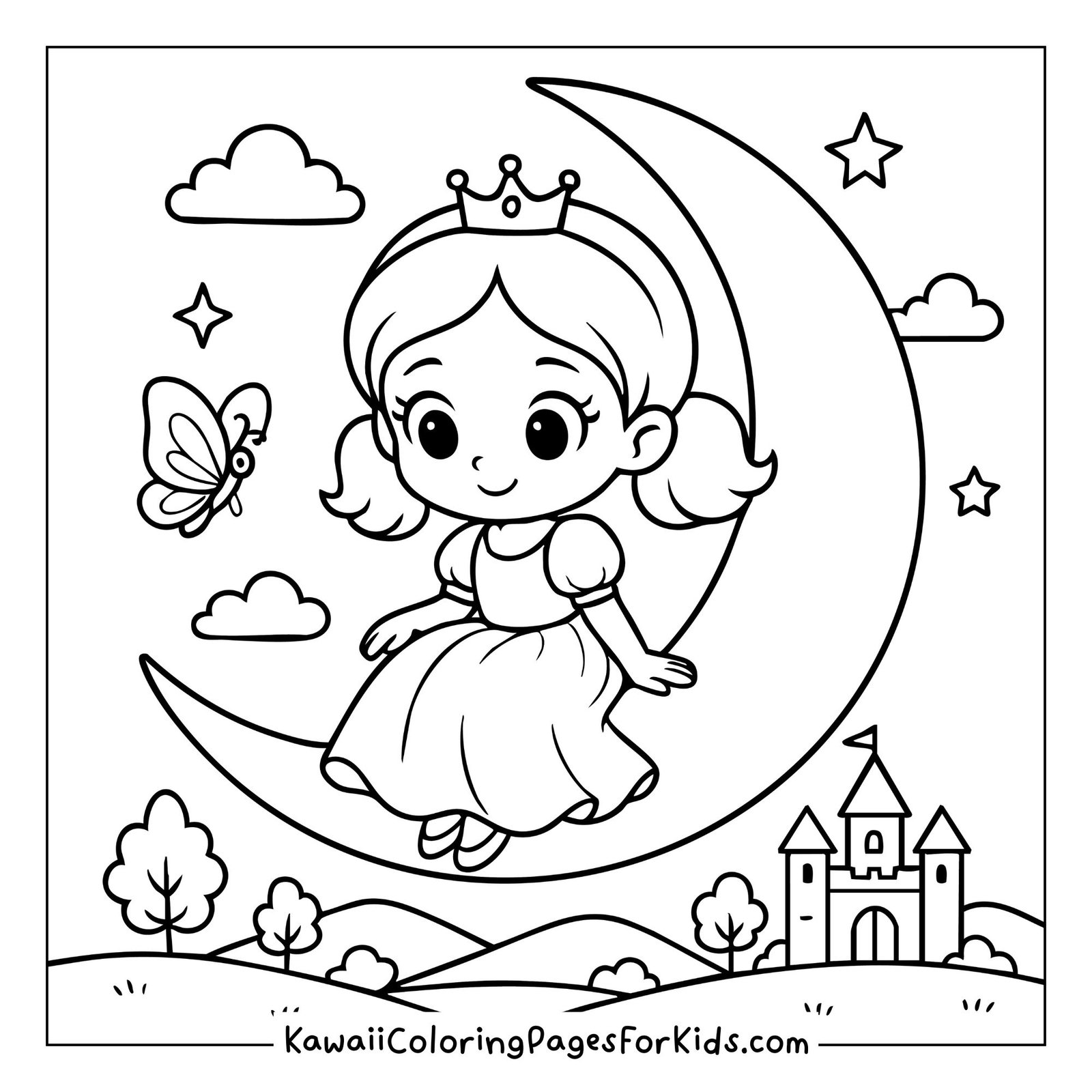 Princess with crown sitting on crescent moon above castle, dreamy night sky coloring sheet.