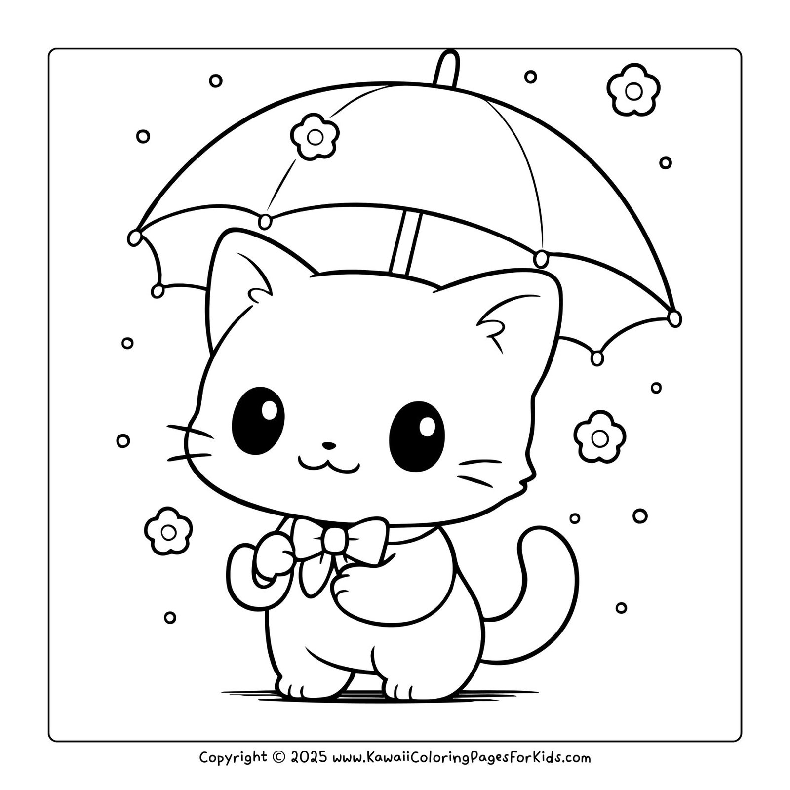 Playful kitten holding an umbrella with flowers falling, free kitten coloring page printable.
