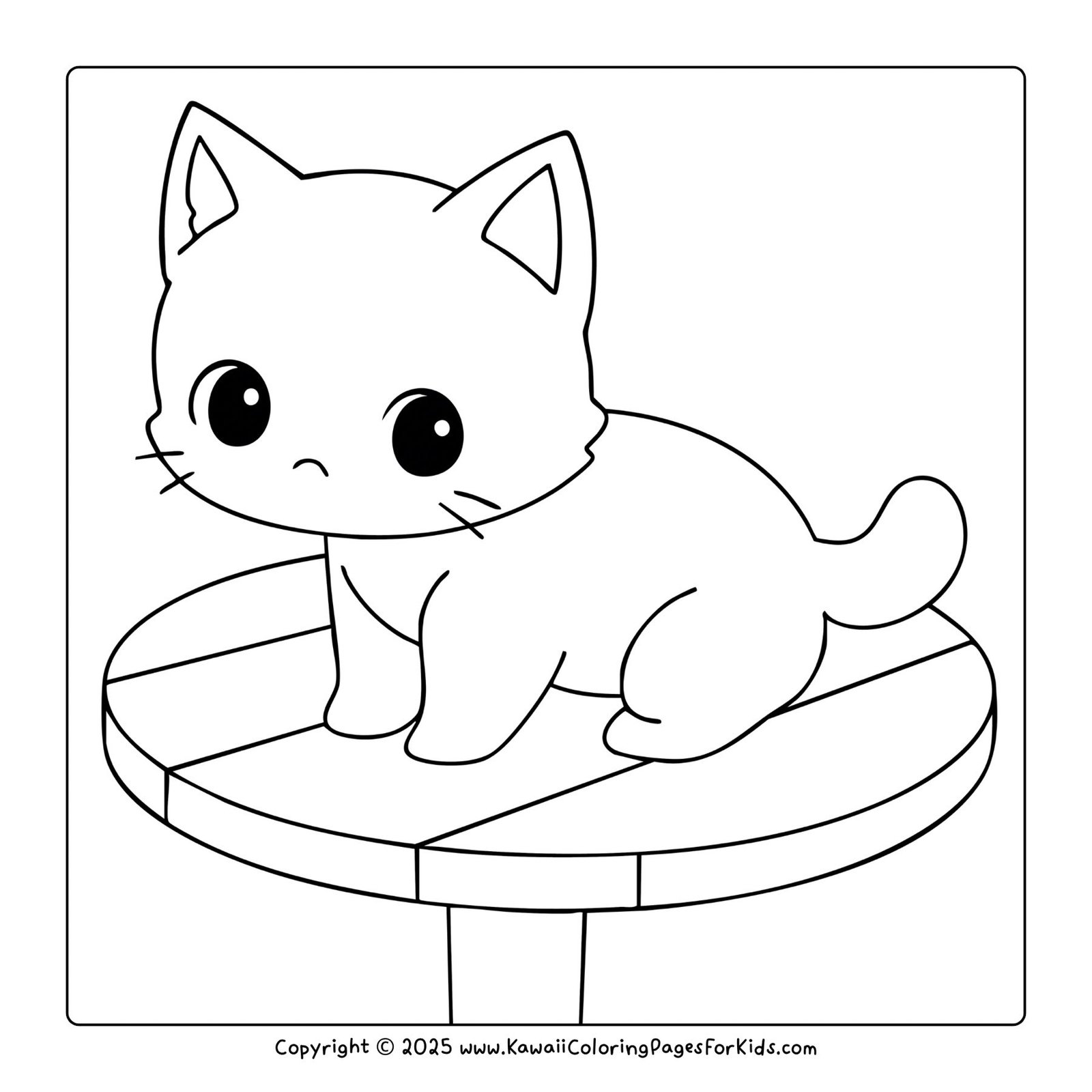 Printable cat coloring page – kawaii kitten sitting on a round stool, simple and fun free coloring sheet for children.