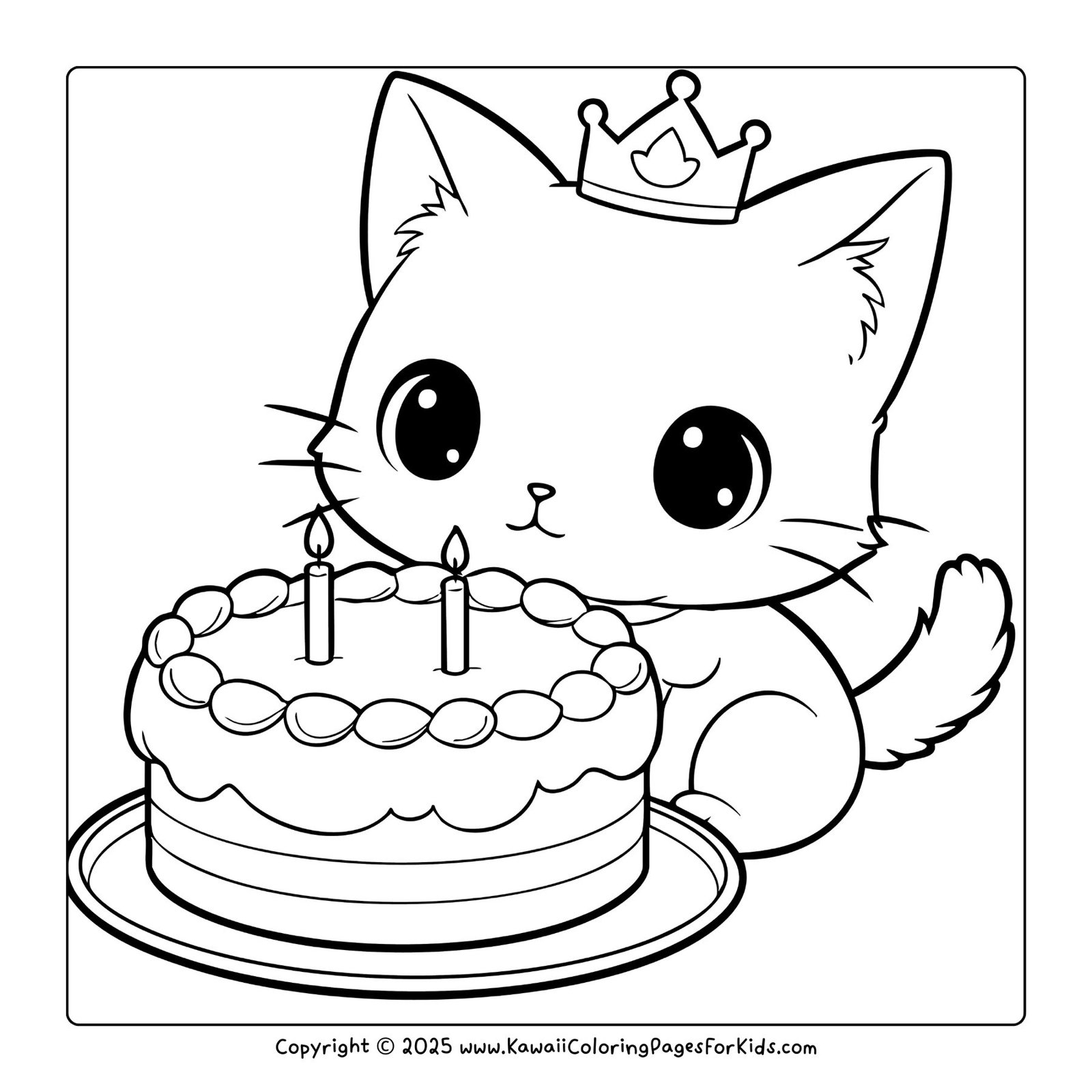 Free download birthday cat coloring page — kawaii kitten wearing a crown with a birthday cake and candles, printable PDF.