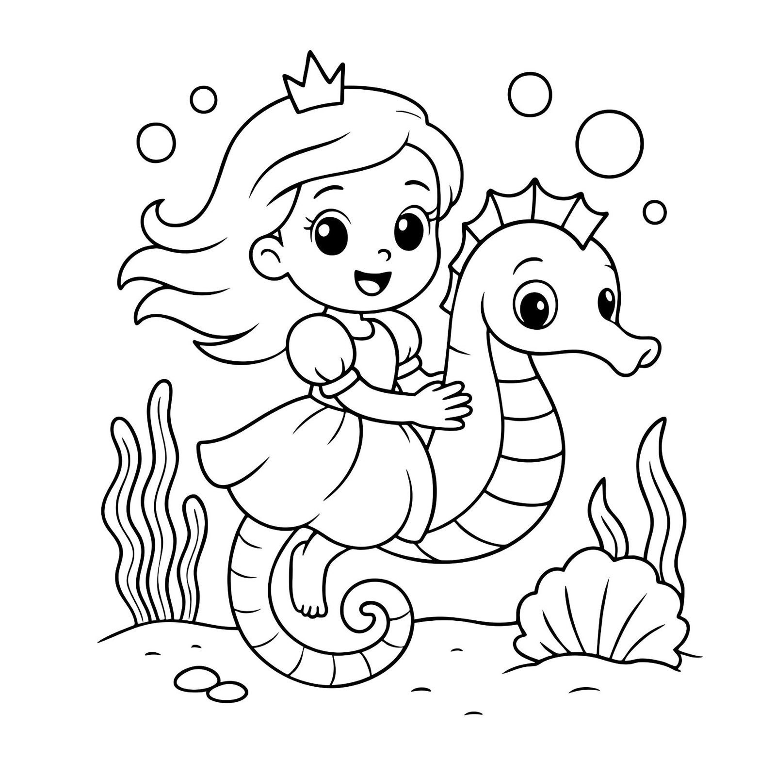 Kawaii princess coloring page of a girl riding a seahorse under the sea.