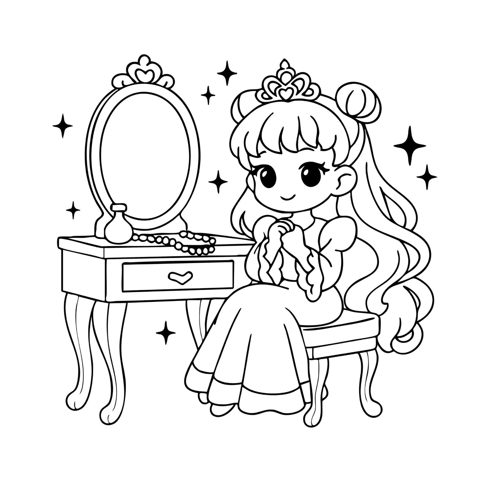 Kawaii princess coloring page featuring a girl with a crown sitting at a vanity table and mirror.