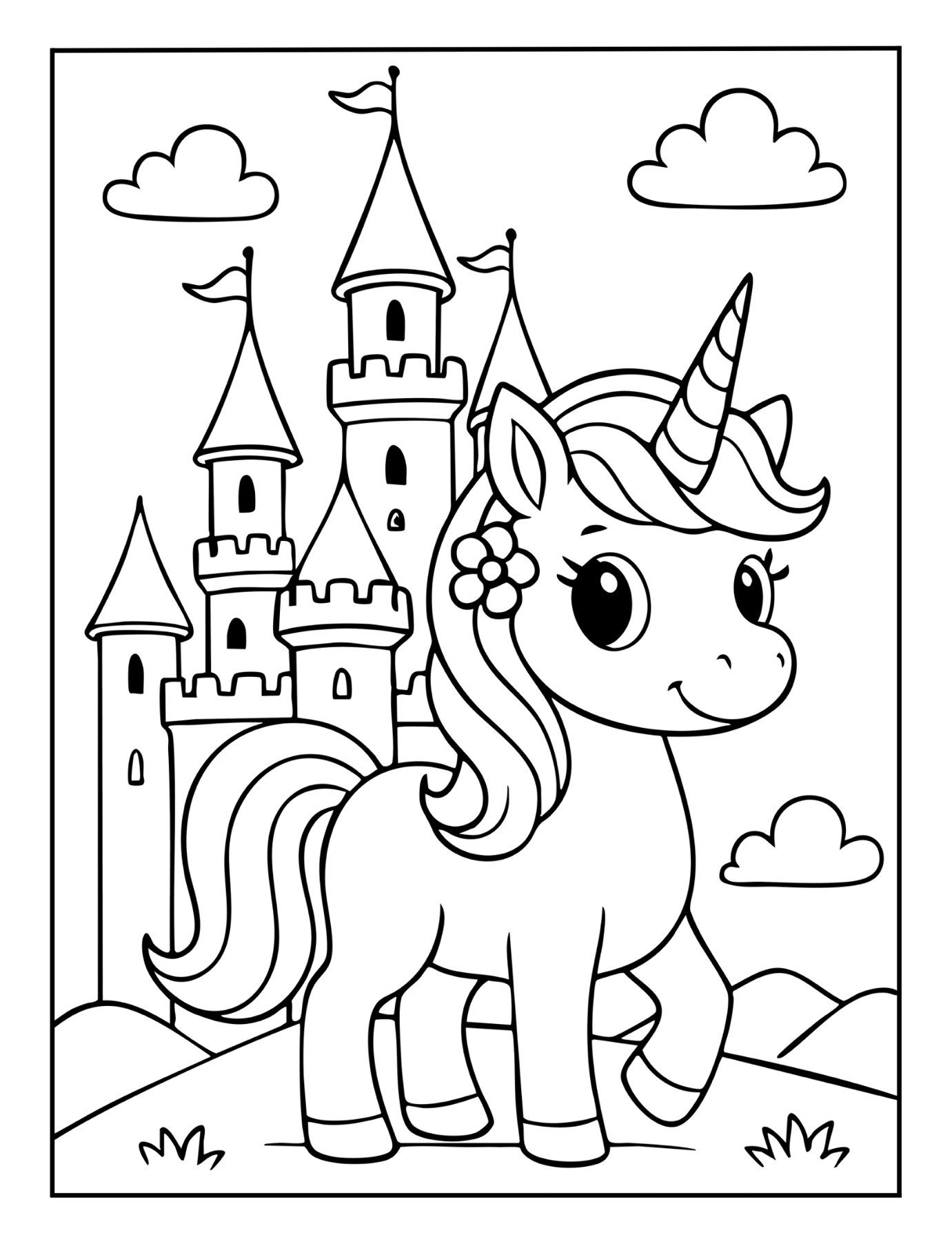 Magical unicorn coloring page of a unicorn with a flower in its mane standing proudly in front of a fairytale castle.