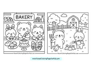 Two coloring pages: Left shows cute animals (a bear, cat, and bunny) selling bread in a bakery. Right shows a bear and bunny with chickens on a farm near a barn, trees, and a fence.