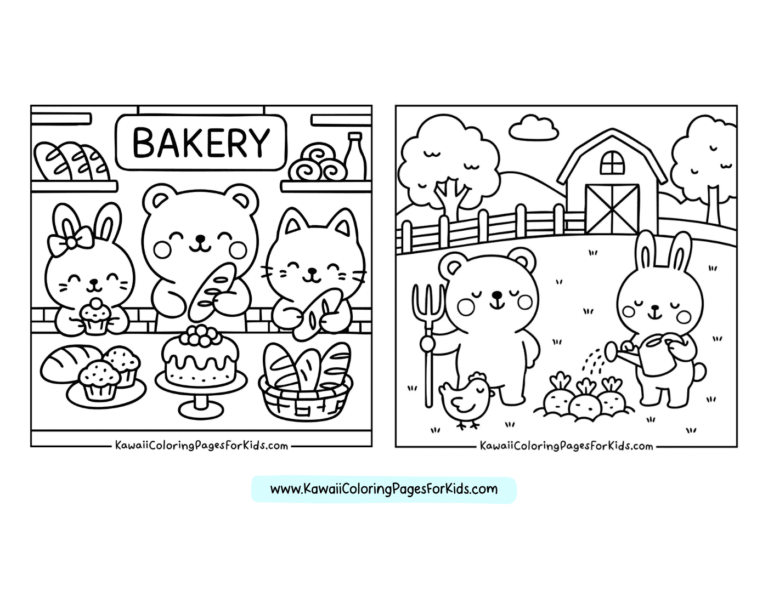 Two coloring pages: Left shows cute animals (a bear, cat, and bunny) selling bread in a bakery. Right shows a bear and bunny with chickens on a farm near a barn, trees, and a fence.