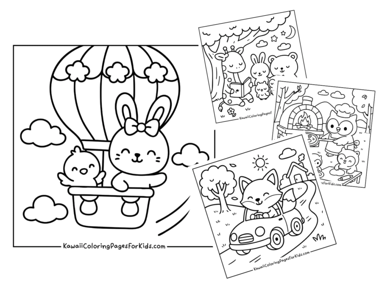 Four black-and-white coloring pages featuring cute animals: a bunny and chick in a hot air balloon, forest animals near a campfire, animals under a tree, and a fox driving a toy car under the sun.