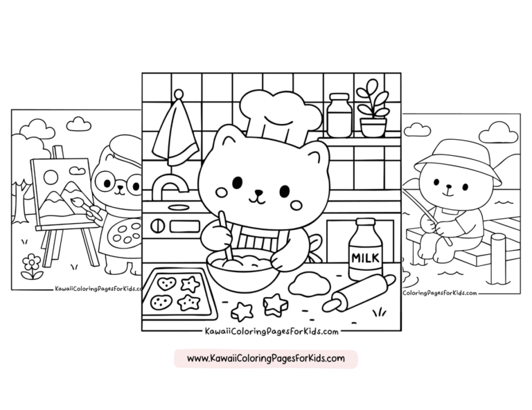 Three cute animals: a cat chef baking cookies in a kitchen, a bear painting on an easel outdoors, and a bear wearing a hat fishing by a lake. All are outlined for coloring.