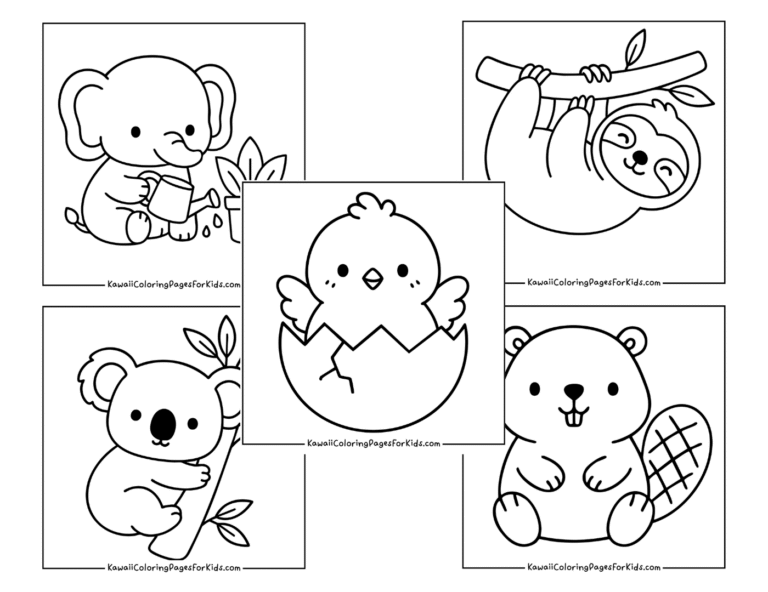 Five cute cartoon animals: an elephant with a leaf, a sloth hanging from a branch, a koala on a branch, a beaver holding its tail, and a chick hatching from an egg in the center. All are outlined for coloring.