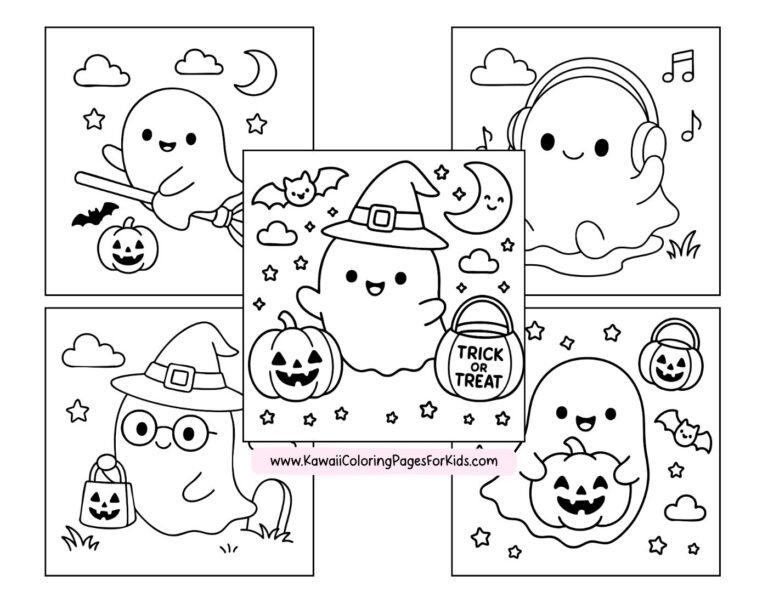 Free Kawaii Ghost Halloween Coloring Pages (PDF Printable for Kids & Adults)