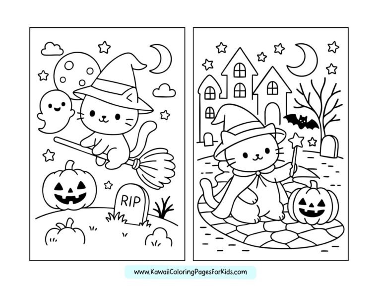 Free Kawaii Cat Halloween Coloring Pages (PDF Printable)