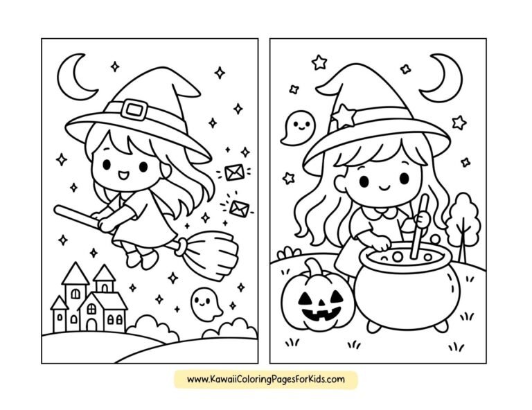 Kawaii Witch Printables – Free Halloween Coloring Sheets