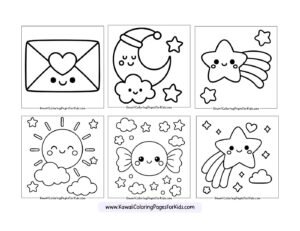 Six cute, hand-drawn coloring pages featuring kawaii-style images: a heart envelope, a sleeping moon with a cloud, a smiling shooting star, a happy sun, a smiling candy, and another smiling shooting star.