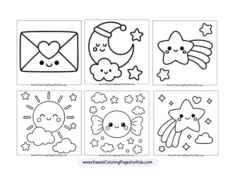 Six cute, hand-drawn coloring pages featuring kawaii-style images: a heart envelope, a sleeping moon with a cloud, a smiling shooting star, a happy sun, a smiling candy, and another smiling shooting star.