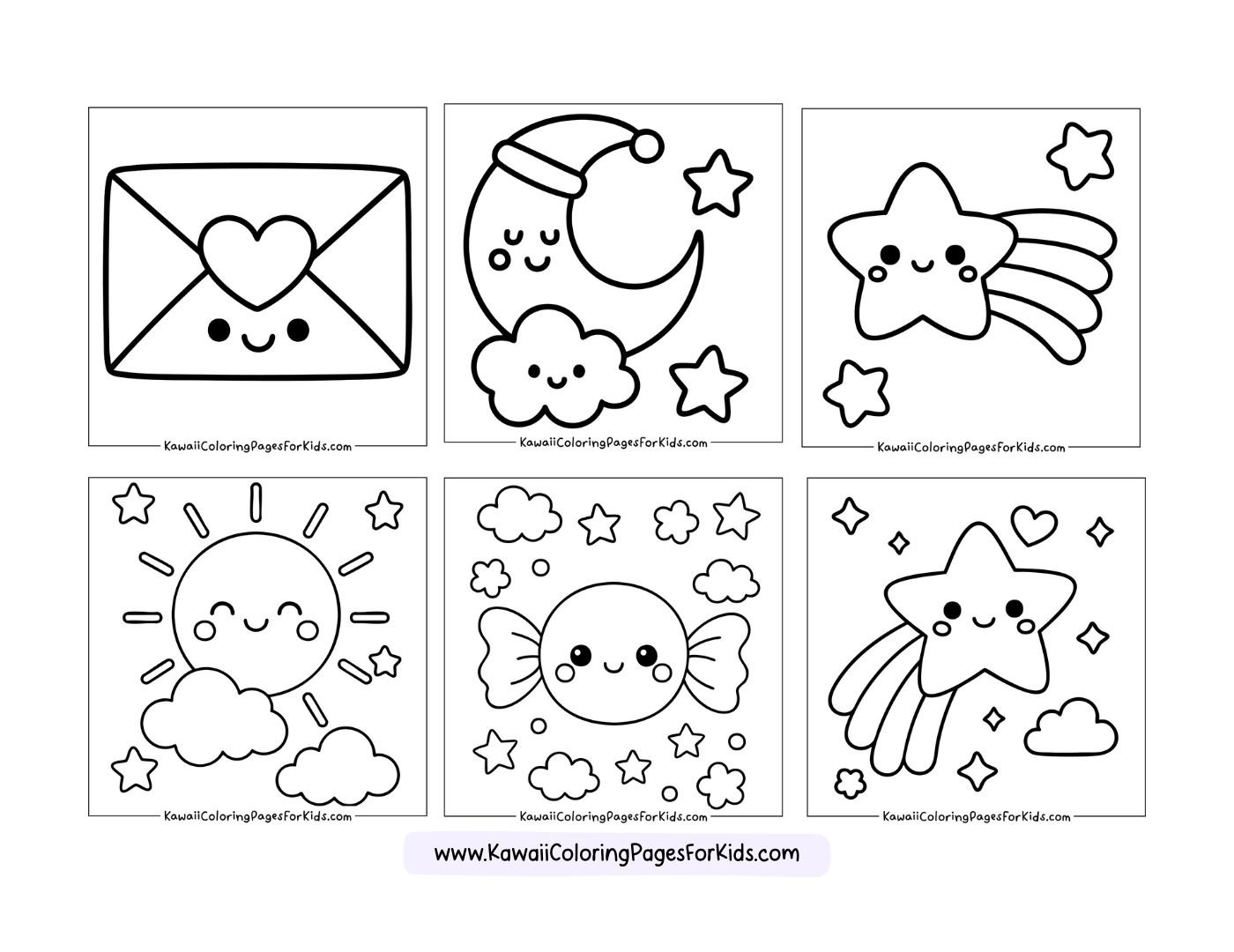 Six cute, hand-drawn coloring pages featuring kawaii-style images: a heart envelope, a sleeping moon with a cloud, a smiling shooting star, a happy sun, a smiling candy, and another smiling shooting star.