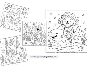 Four black-and-white kawaii coloring pages feature a smiling mermaid with underwater scenes, including fish, a jellyfish, treasure chest, starfish, and a mermaid riding a large shark.