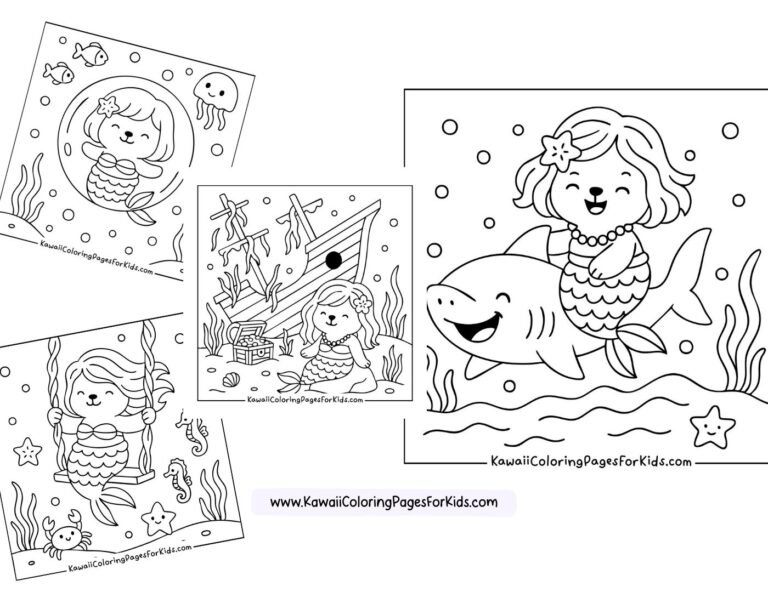 Four black-and-white kawaii coloring pages feature a smiling mermaid with underwater scenes, including fish, a jellyfish, treasure chest, starfish, and a mermaid riding a large shark.