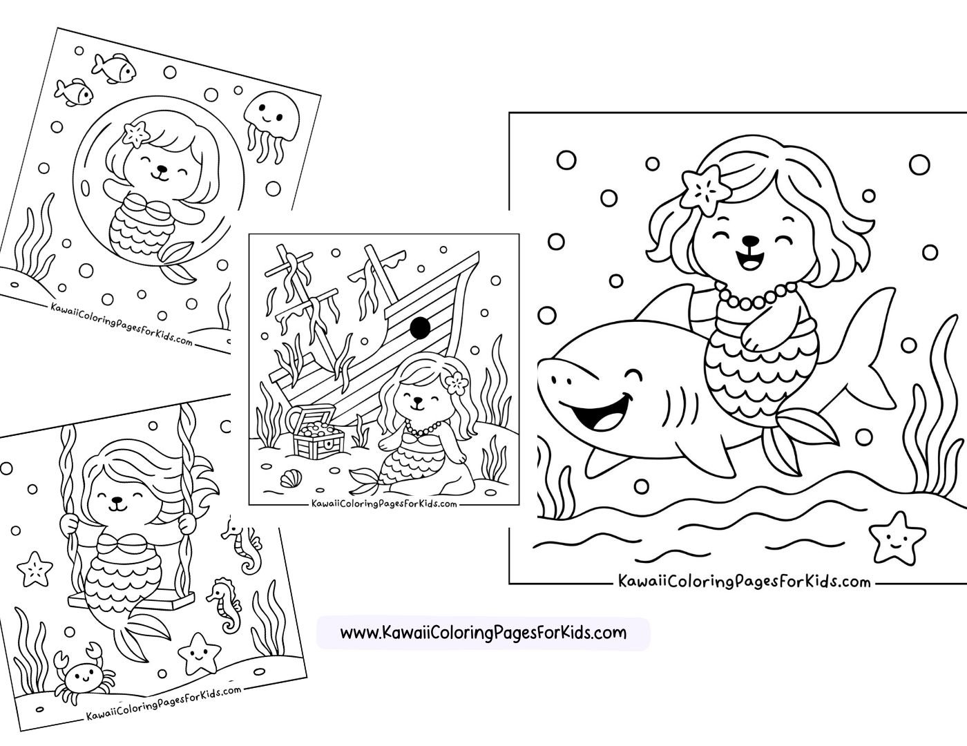 Four black-and-white kawaii coloring pages feature a smiling mermaid with underwater scenes, including fish, a jellyfish, treasure chest, starfish, and a mermaid riding a large shark.