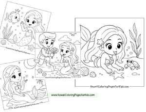 Four black-and-white Mermaid Coloring Pages in kawaii style feature a mermaid, a boy, and cute sea creatures like fish and a crab, with seashells and underwater plants. Website text appears on each page.