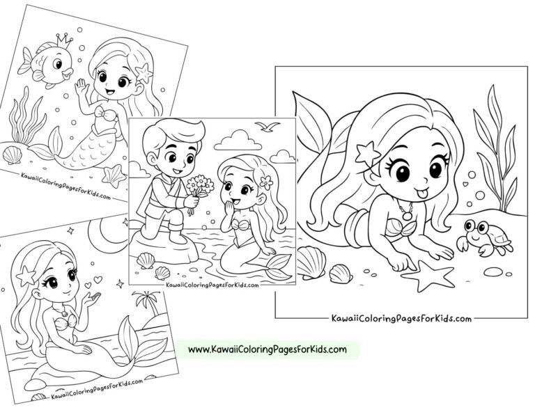 Four black-and-white Mermaid Coloring Pages in kawaii style feature a mermaid, a boy, and cute sea creatures like fish and a crab, with seashells and underwater plants. Website text appears on each page.