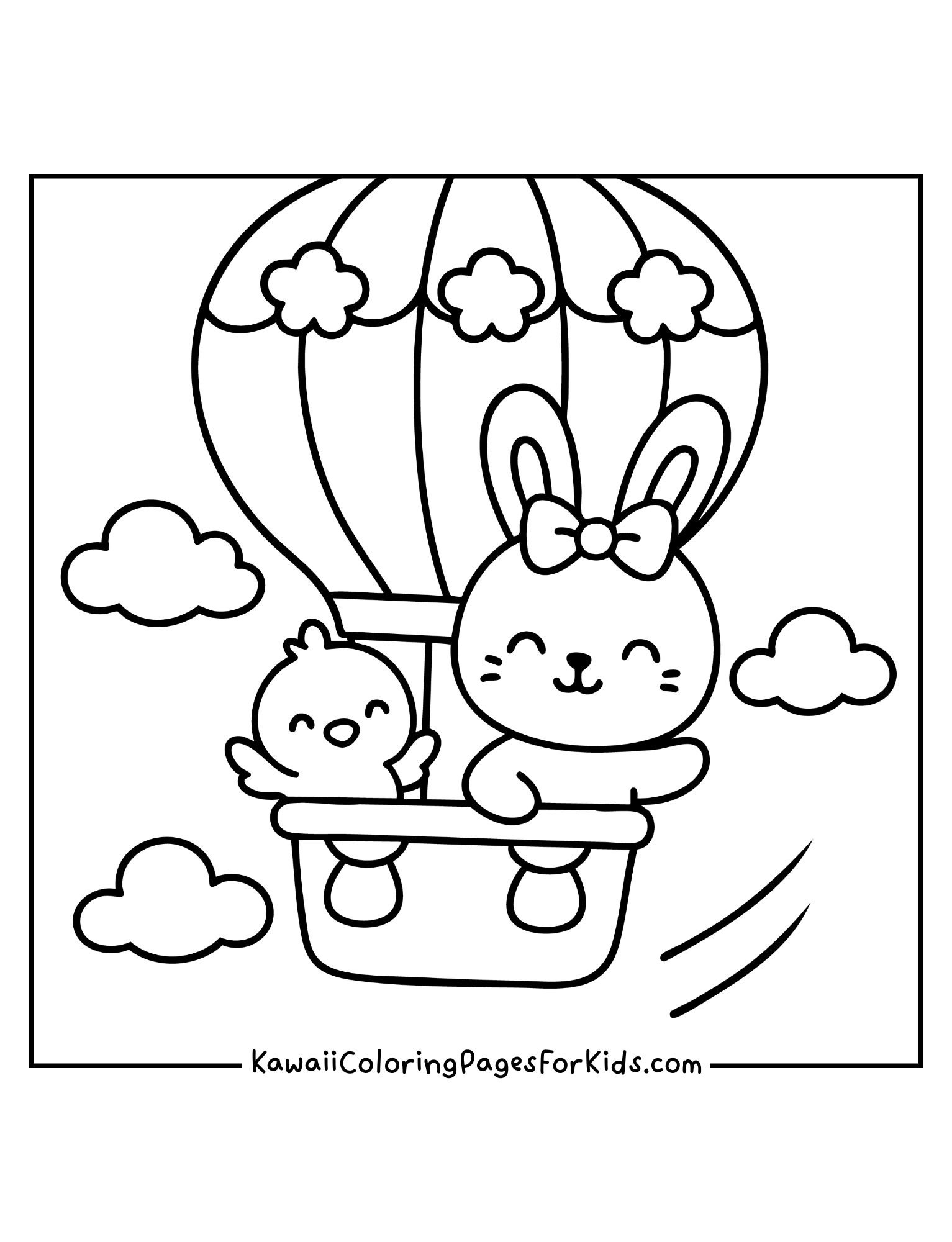 Kawaii bunny with bow and bird flying in hot air balloon coloring page, easy printable for kids.
