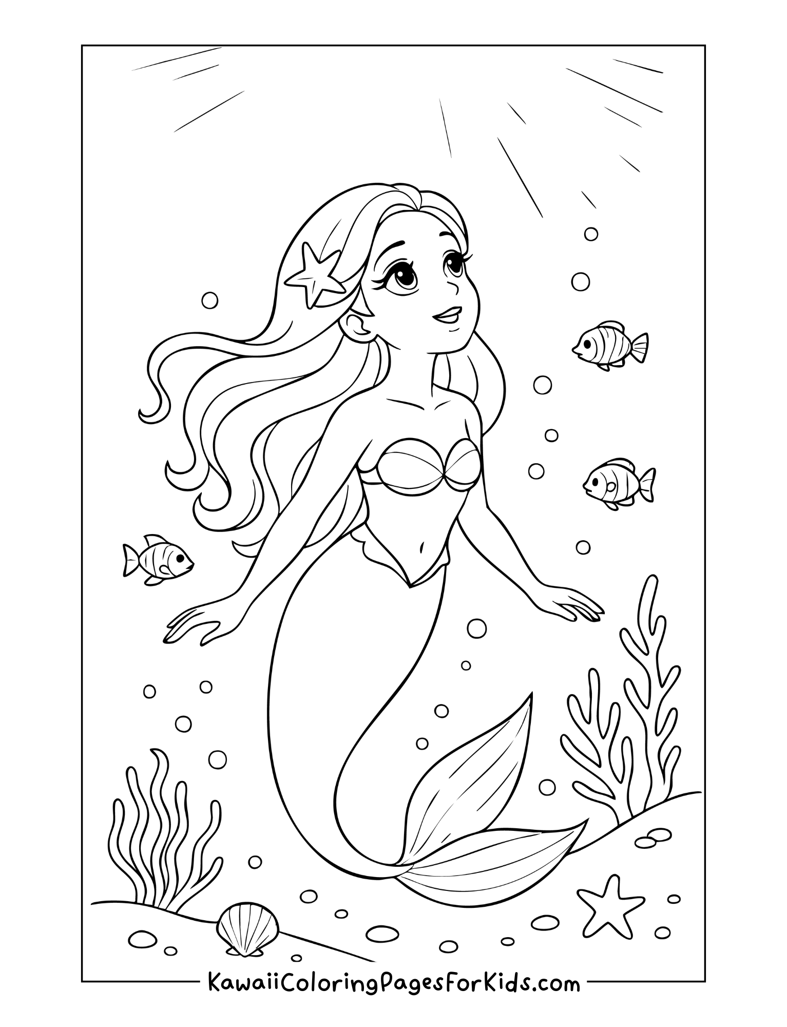 Pretty mermaid with long flowing hair swimming underwater surrounded by tropical fish, seashells, and coral – free printable mermaid coloring page for kids.