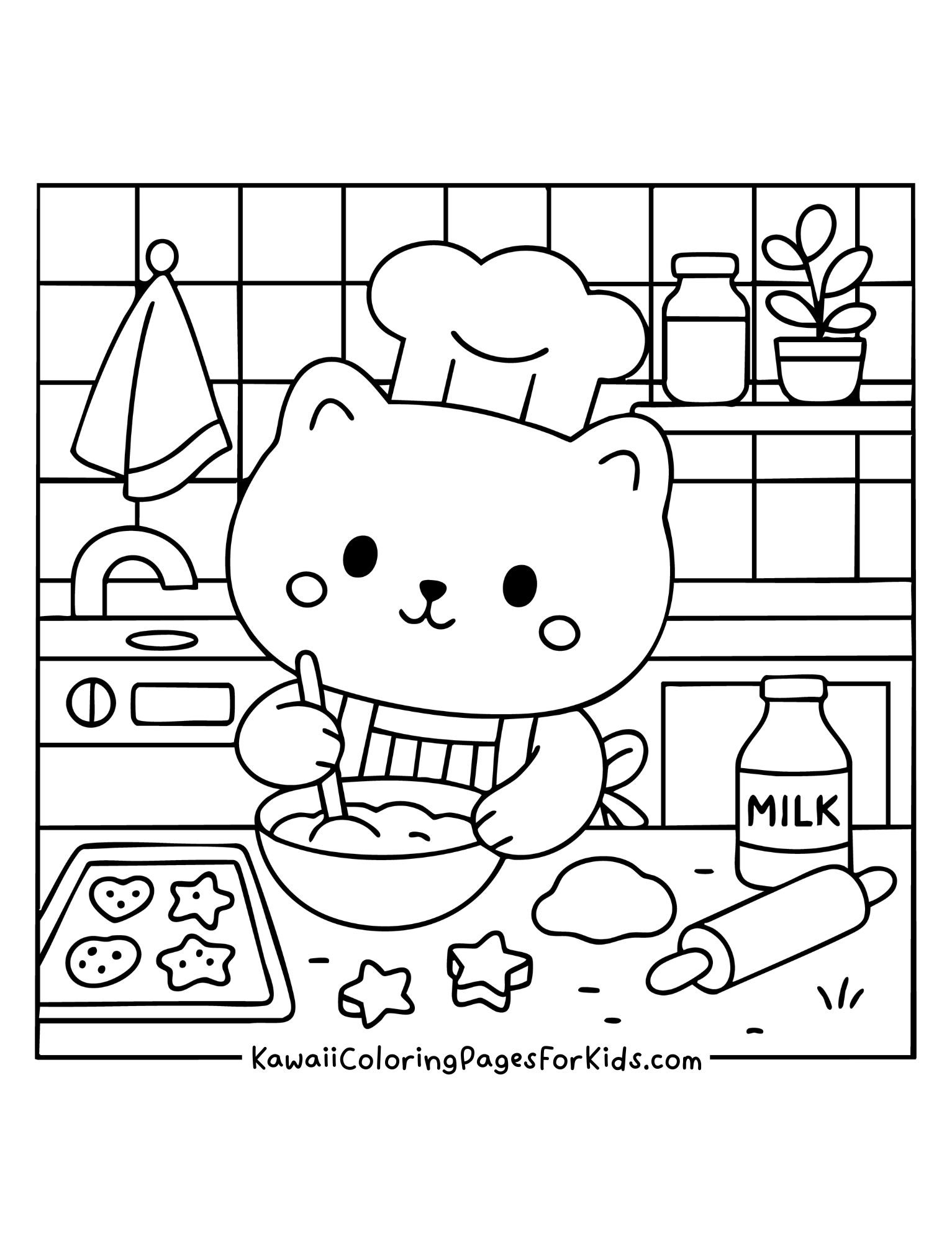 Kawaii cat chef mixing cookie dough in kitchen with milk and rolling pin coloring page, easy printable for kids.