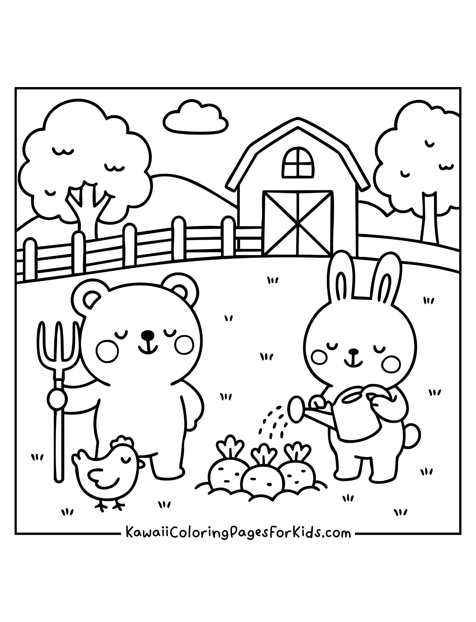 Smiling bear holding a pitchfork and bunny watering carrots with a chicken and barn in the background – kawaii farm coloring sheet for children.